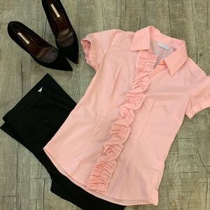 New York & Company Pink Ruffled Short Sleeve Button Down Blouse XS Women’s